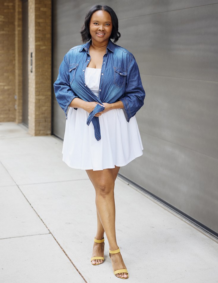 Kimberly Trubetskoy — white dress and denim full body — Lifestyle — Denver